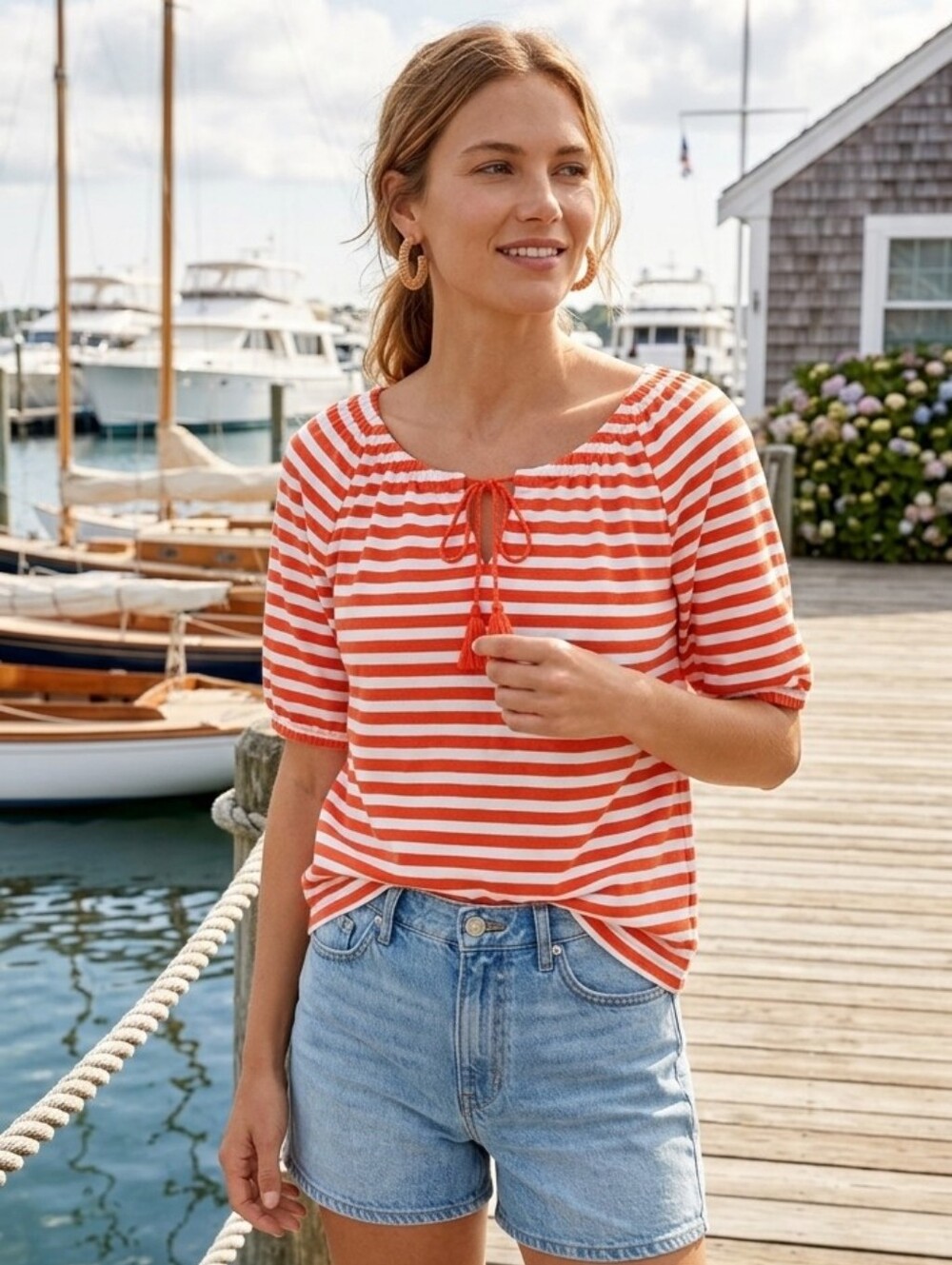 J Crew Women's Preppy Nautical Coastal Orange Striped Blouse Size XS (Oversized)